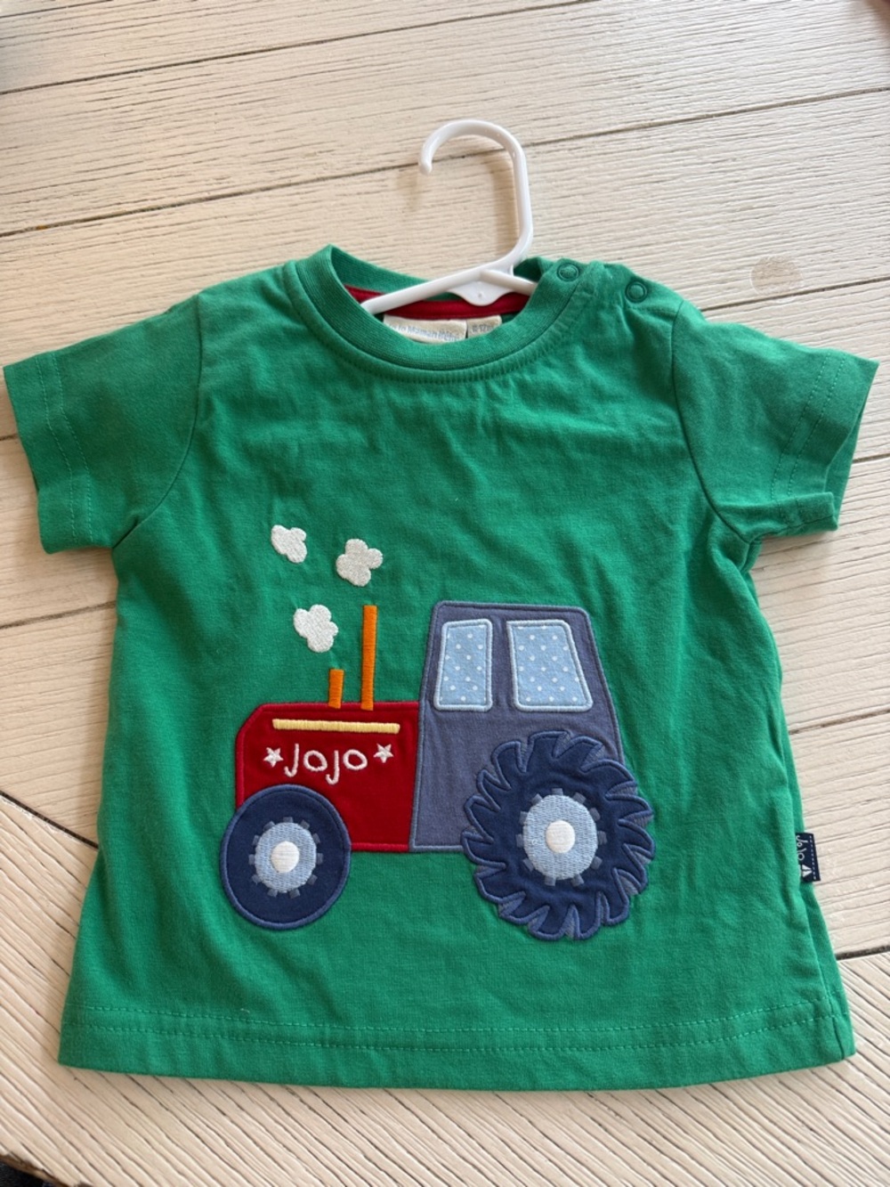 JoJo Maman Bebe Green Tee with Red & Blue Tractor Appliqué